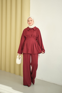 Beli Korse Detay Beli Kendinden Kemerli Takım Bordo