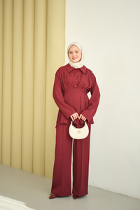 Beli Korse Detay Beli Kendinden Kemerli Takım Bordo