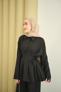 Beli Korse Detay Beli Kendinden Kemerli Takım Siyah