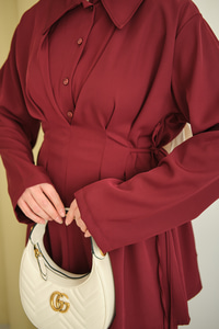 Beli Korse Detay Beli Kendinden Kemerli Takım Bordo