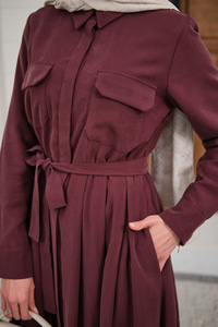 Beli Kuşak Detay Gömlek Elbise Bordo