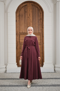 Beli Kuşak Detay Gömlek Elbise Bordo