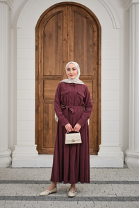 Beli Kuşak Detay Gömlek Elbise Bordo