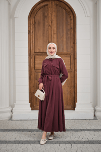 Beli Kuşak Detay Gömlek Elbise Bordo