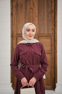 Beli Kuşak Detay Gömlek Elbise Bordo