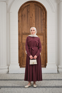 Beli Kuşak Detay Gömlek Elbise Bordo