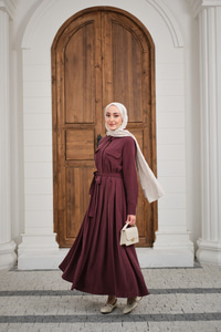 Beli Kuşak Detay Gömlek Elbise Bordo