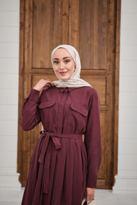 Beli Kuşak Detay Gömlek Elbise Bordo