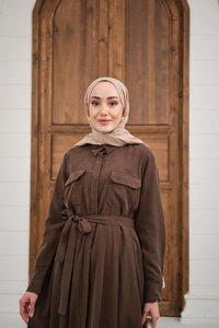 Beli Kuşak Detay Gömlek Elbise Kahverengi