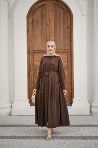 Beli Kuşak Detay Gömlek Elbise Kahverengi