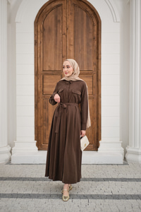 Beli Kuşak Detay Gömlek Elbise Kahverengi