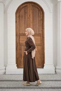 Beli Kuşak Detay Gömlek Elbise Kahverengi