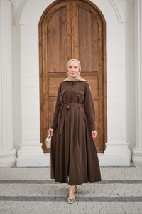 Beli Kuşak Detay Gömlek Elbise Kahverengi