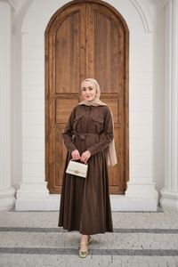 Beli Kuşak Detay Gömlek Elbise Kahverengi