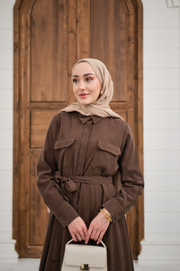 Beli Kuşak Detay Gömlek Elbise Kahverengi