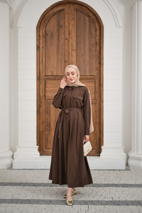 Beli Kuşak Detay Gömlek Elbise Kahverengi