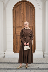 Beli Kuşak Detay Gömlek Elbise Kahverengi