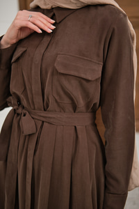 Beli Kuşak Detay Gömlek Elbise Kahverengi