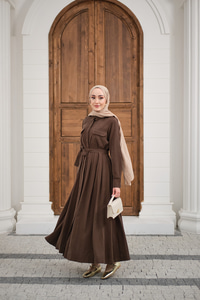 Beli Kuşak Detay Gömlek Elbise Kahverengi