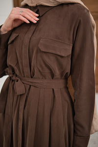 Beli Kuşak Detay Gömlek Elbise Kahverengi