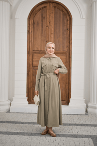 Beli Kuşak Detay Gömlek Elbise Küf Yeşil