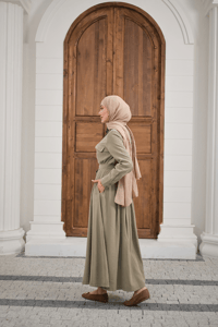 Beli Kuşak Detay Gömlek Elbise Küf Yeşil