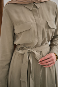 Beli Kuşak Detay Gömlek Elbise Küf Yeşil