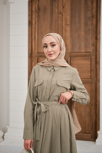 Beli Kuşak Detay Gömlek Elbise Küf Yeşil
