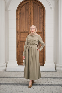 Beli Kuşak Detay Gömlek Elbise Küf Yeşil