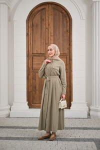 Beli Kuşak Detay Gömlek Elbise Küf Yeşil