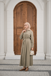 Beli Kuşak Detay Gömlek Elbise Küf Yeşil