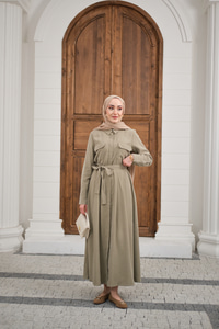 Beli Kuşak Detay Gömlek Elbise Küf Yeşil