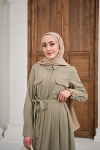 Beli Kuşak Detay Gömlek Elbise Küf Yeşil