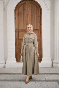 Beli Kuşak Detay Gömlek Elbise Küf Yeşil