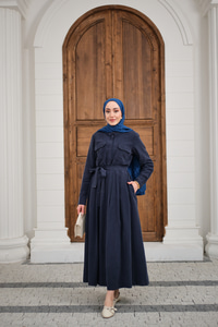 Beli Kuşak Detay Gömlek Elbise Lacivert