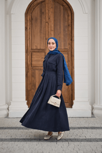 Beli Kuşak Detay Gömlek Elbise Lacivert