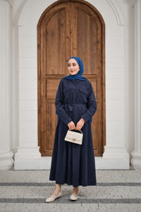 Beli Kuşak Detay Gömlek Elbise Lacivert