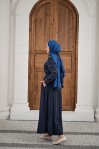 Beli Kuşak Detay Gömlek Elbise Lacivert