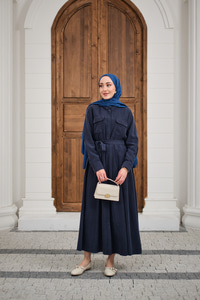 Beli Kuşak Detay Gömlek Elbise Lacivert