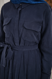 Beli Kuşak Detay Gömlek Elbise Lacivert