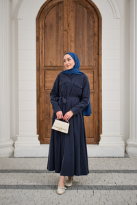 Beli Kuşak Detay Gömlek Elbise Lacivert