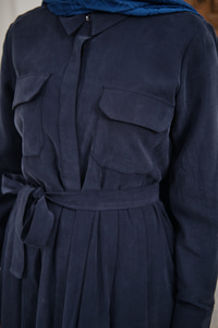 Beli Kuşak Detay Gömlek Elbise Lacivert