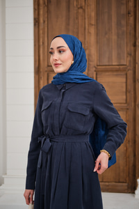 Beli Kuşak Detay Gömlek Elbise Lacivert