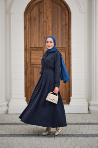 Beli Kuşak Detay Gömlek Elbise Lacivert