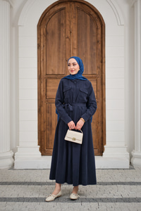 Beli Kuşak Detay Gömlek Elbise Lacivert