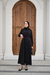 Beli Kuşak Detay Gömlek Elbise Siyah