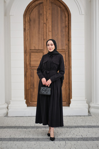 Beli Kuşak Detay Gömlek Elbise Siyah