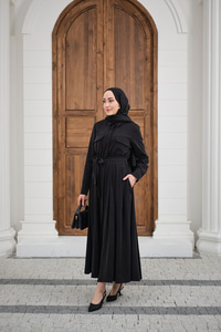 Beli Kuşak Detay Gömlek Elbise Siyah