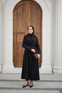 Beli Kuşak Detay Gömlek Elbise Siyah