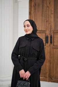 Beli Kuşak Detay Gömlek Elbise Siyah